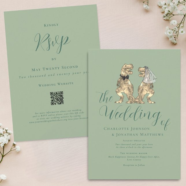 Dinosaur Theme Wedding Sage Green QR Code Invitation (Dinosaur theme wedding sage green QR code invitation Modern elegant script fun T-Rex dino couple)