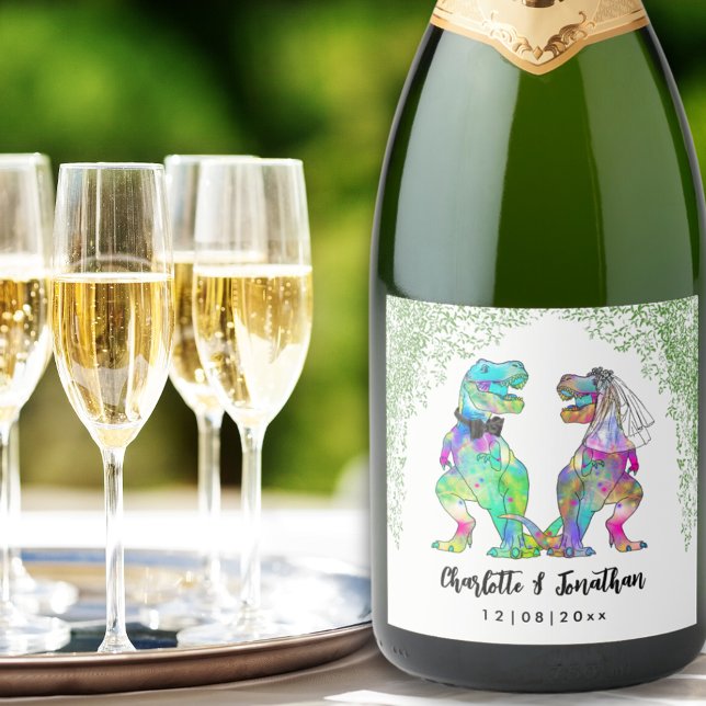 Dinosaur Theme Wedding Sparkling Wine Label (Colorful T-Rex bride and groom custom dinosaur wedding sparkling wine labels)