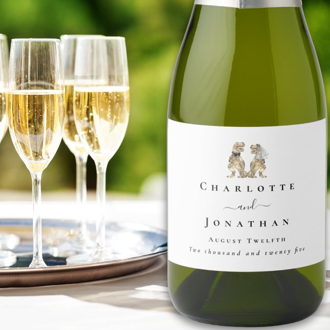 Dinosaur Theme Wedding  Sparkling Wine Label (Dinosaur themed wedding T-Rex bride and groom custom sparkling wine labels)