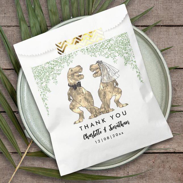 Dinosaur theme Wedding Thank You Favor Bag (Dinosaur themed wedding thank you custom favor bag Jurassic jungle foliage and T-Rex bride and groom)
