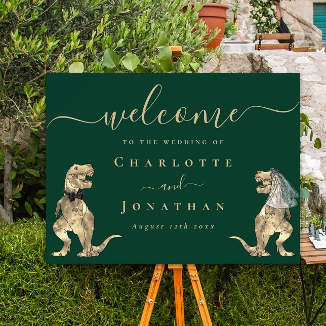 Dinosaur Theme Wedding Welcome Dark Green Foam Board (Dinosaur themed wedding custom welcome dark green sign with funny T-Rex bride and groom dinos)