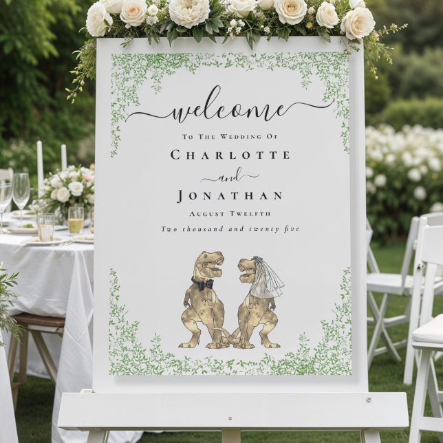 Dinosaur Theme Wedding Welcome Foam Board (Personalized Dinosaur bride and groom watercolor Jurassic foliage wedding welcome sign)