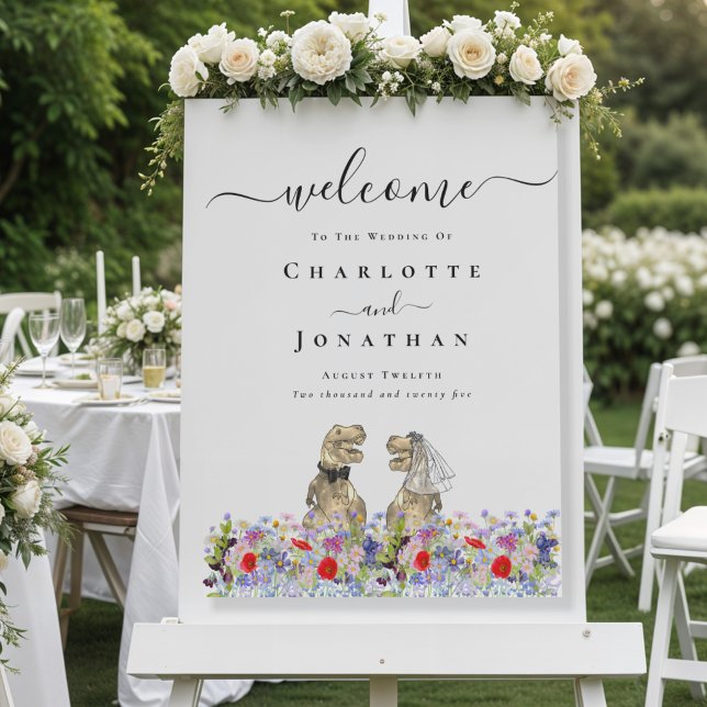 Dinosaur Theme Wedding Welcome Foam Board (Dinosaur bride and groom custom wedding welcome sign Watercolor wildflower meadow vibrant florals)