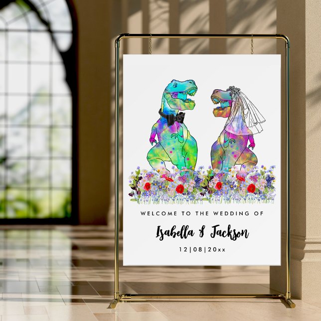 Dinosaur Theme Wedding Welcome Foam Board (Dinosaur bride and groom with colorful wildflowers fun wedding welcome sign)