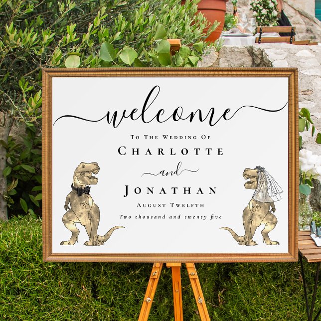 Dinosaur Theme Wedding Welcome Poster (Dinosaur wedding welcome poster Funny T-Rex bride and groom elegant script)