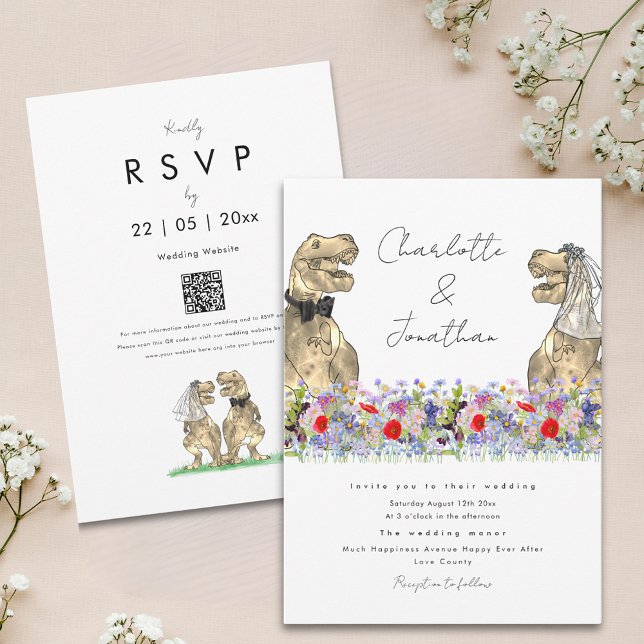 Dinosaur Theme Wildflower  Invitation (Boho wildflower dinosaur wedding invitation with whimsical script and qr code)