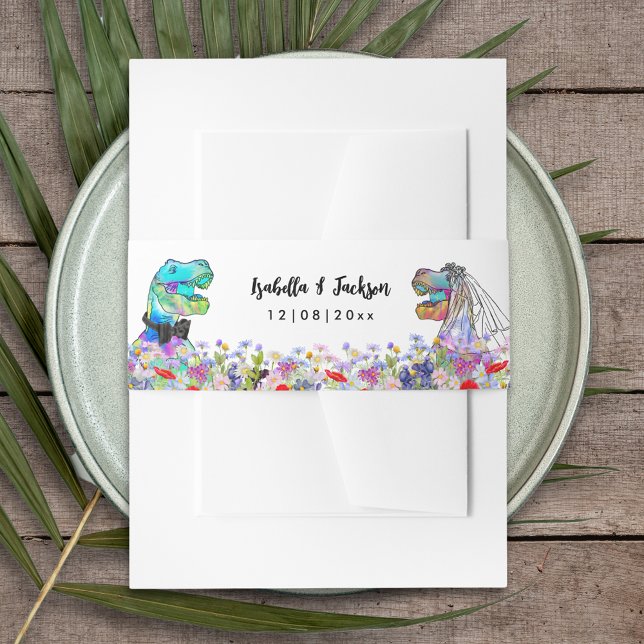 Dinosaur Theme Wildflower Wedding Invitation Belly Band (Dinosaur themed wedding colorful T-Rex bride and groom with wildflowers custom belly band)