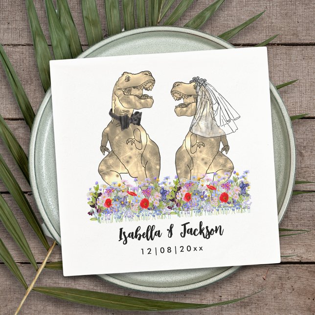 Dinosaur Theme Wildflower Wedding  Napkins (Funny Dinosaur wedding T-Rex bride and groom in a colorful wildflower meadow custom wedding napkins )
