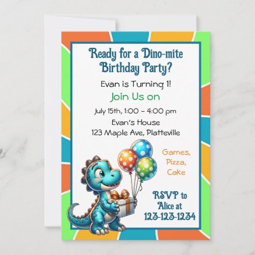 Dinosaur themed 1st Birthday Party Invitation