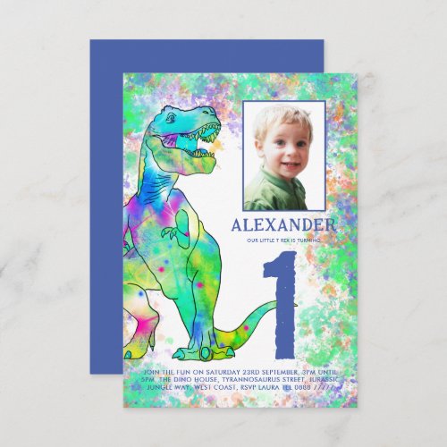 Dinosaur Themed 1st Birthday Party Photo Invitation