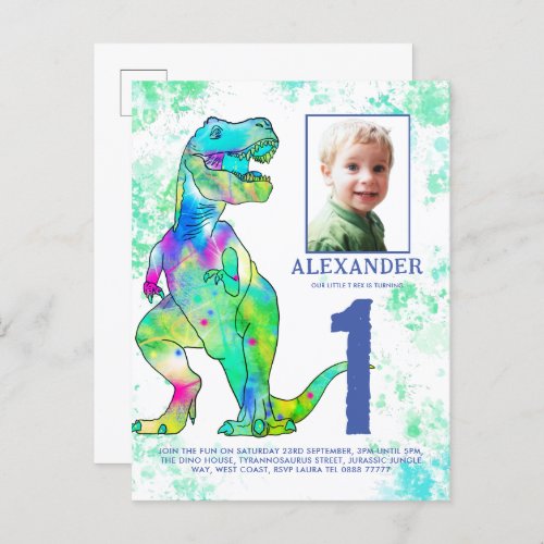 Dinosaur themed 1st Birthday Party Photo Invitation Postcard