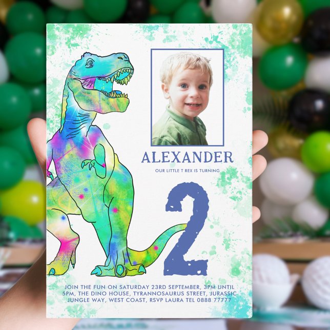 Dinosaur themed 2nd Birthday Party Photo Invitation (Dinosaur T-Rex photo template boys fun birthday party green and blue )