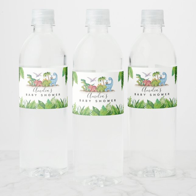 Dinosaur themed baby shower Water Bottle Label (Bottles)