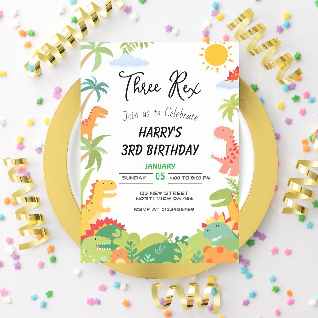 Dinosaur-Themed Birthday Invitation - 'Three-Rex'  (Creator Uploaded)