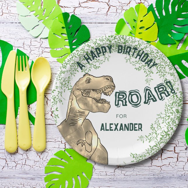 Dinosaur Themed Birthday Party Add Name Paper Plates (Dinosaur jungle T-Rex roar happy birthday party custom paper plate add name )