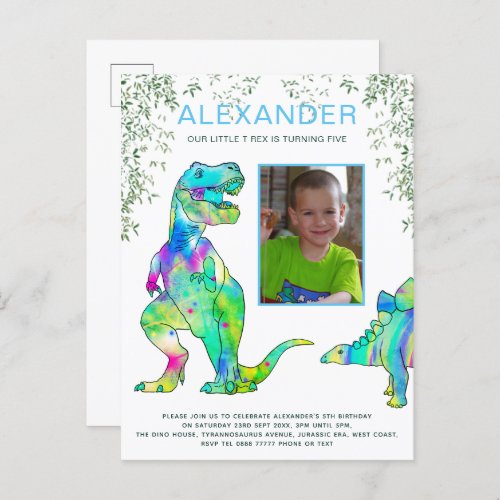 Dinosaur themed birthday party Blue Budget Invitation Postcard
