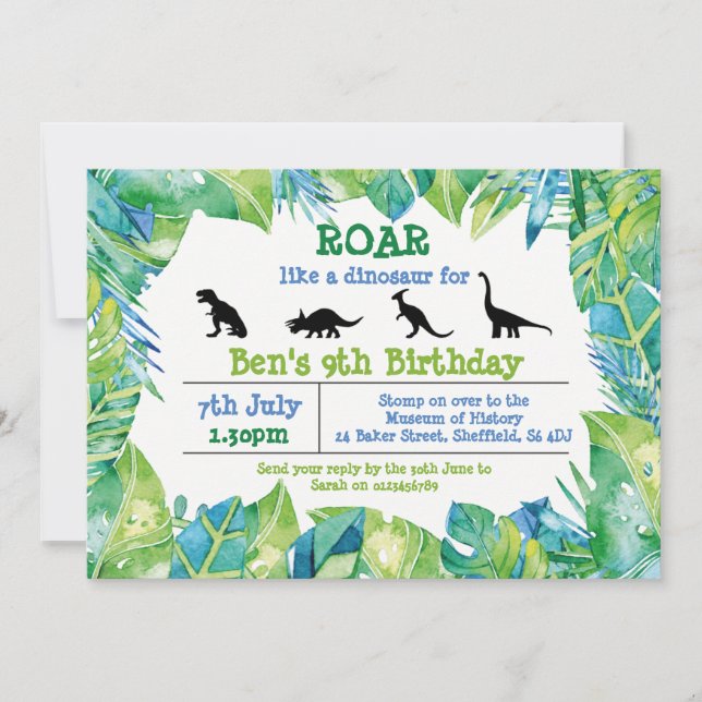 Dinosaur themed birthday party invitation (Front)