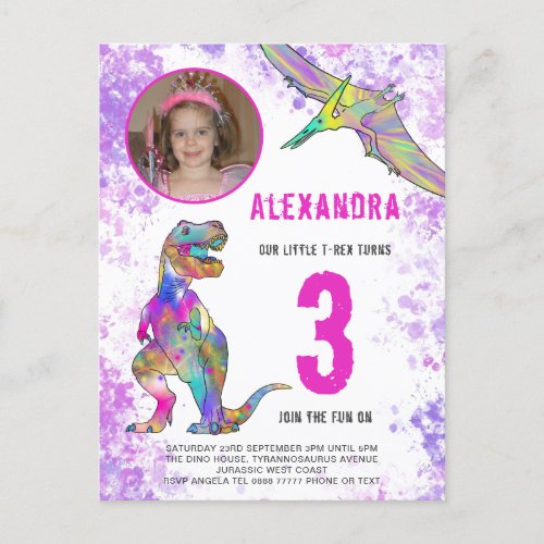 Dinosaur Themed Birthday Party Photo Pink Invitation Postcard