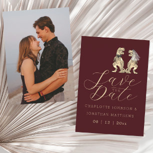 Dinosaur Themed Burgundy Wedding Photo Save The Date