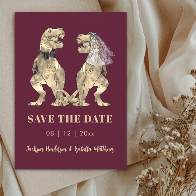 Dinosaur Themed Burgundy Wedding Save The Date (Funny dinosaur bride and groom burgundy wine wedding save the date card)