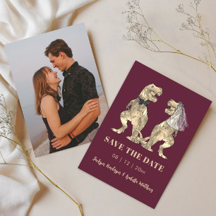 Dinosaur Themed Burgundy Wine Photo Wedding Save The Date