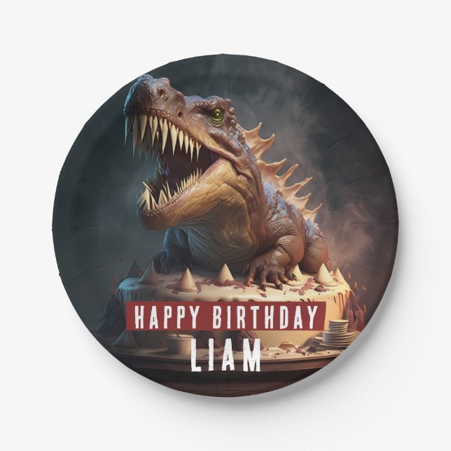 Dinosaur themed Cream Cake - Birthday Paper Plates (Front)