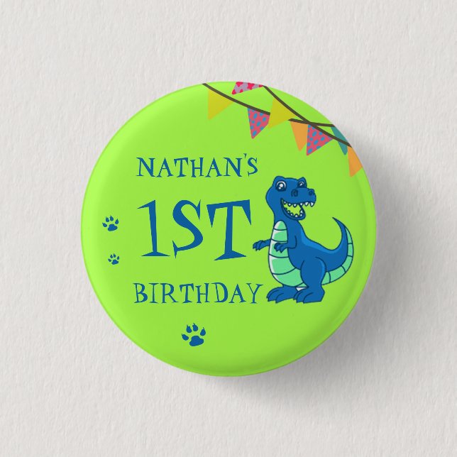 Dinosaur Themed Cute Blue Green Paw Birthday Button (Front)