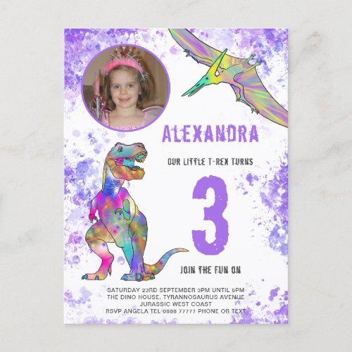 Dinosaur Themed Girls 3rd Birthday Party Photo Invitation Postcard