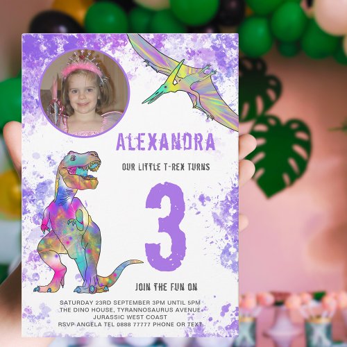 Dinosaur Themed Girls 3rd Birthday Party Photo Invitation Postcard