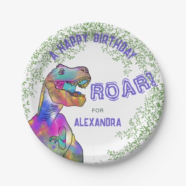 Dinosaur Themed Girls Birthday Party Paper Plates (Front)