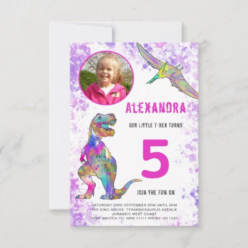 Dinosaur Themed Girls Birthday Party Photo Invitation