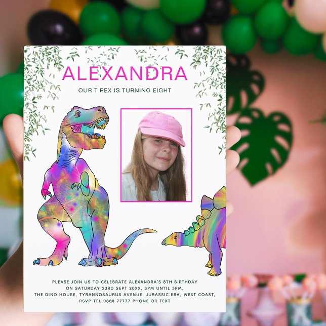Dinosaur Themed Girls Birthday Party Pink Budget Invitation Postcard (Dinosaur girls 8th birthday party budget invitation photo template and colorful T-Rex & stegosaurus)