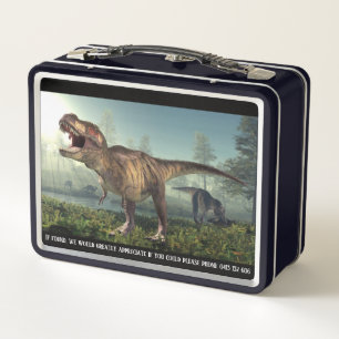Dinosaur themed if lost please phone metal lunch b metal lunch box