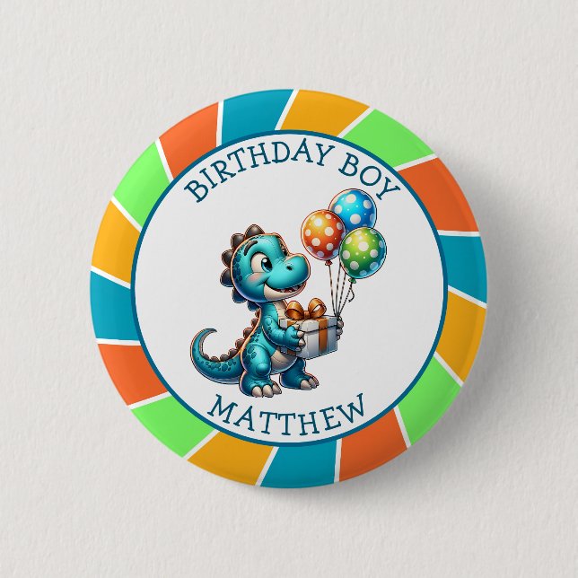 Dinosaur themed Kid's Birthday Boy Personalized Button (Front)