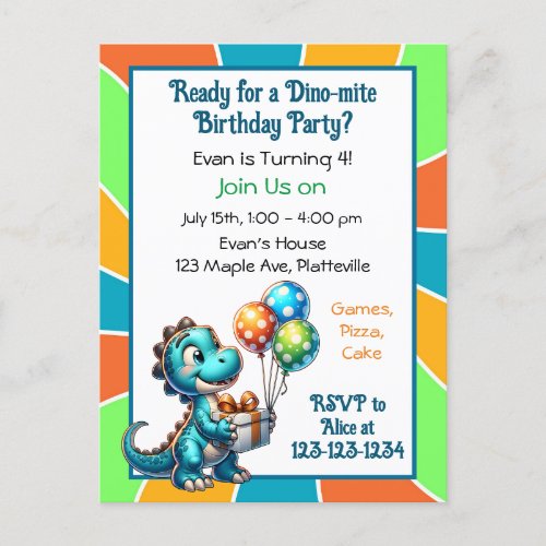 Dinosaur themed Kids Birthday Party Invitation  Postcard