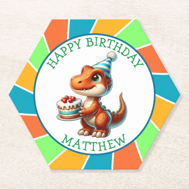 Dinosaur themed Kid's Birthday Party Personalized Paper Coaster (Front)