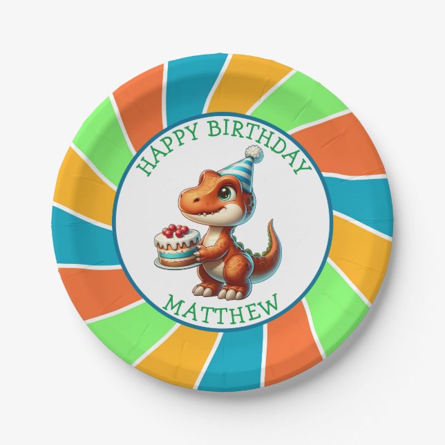 Dinosaur themed Kid's Birthday Party Personalized Paper Plates (Front)
