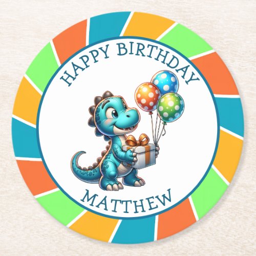 Dinosaur themed Kids Birthday Party Personalized Round Paper Coaster