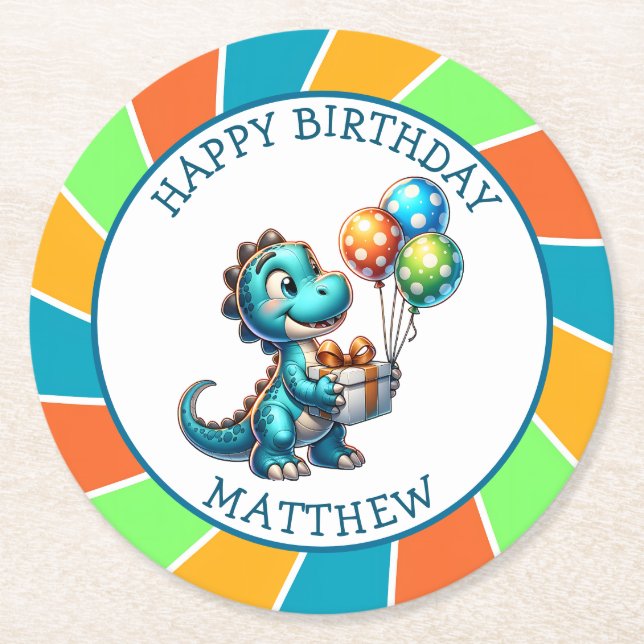 Dinosaur themed Kid's Birthday Party Personalized Round Paper Coaster (Front)