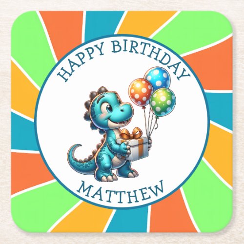 Dinosaur themed Kids Birthday Party Personalized Square Paper Coaster