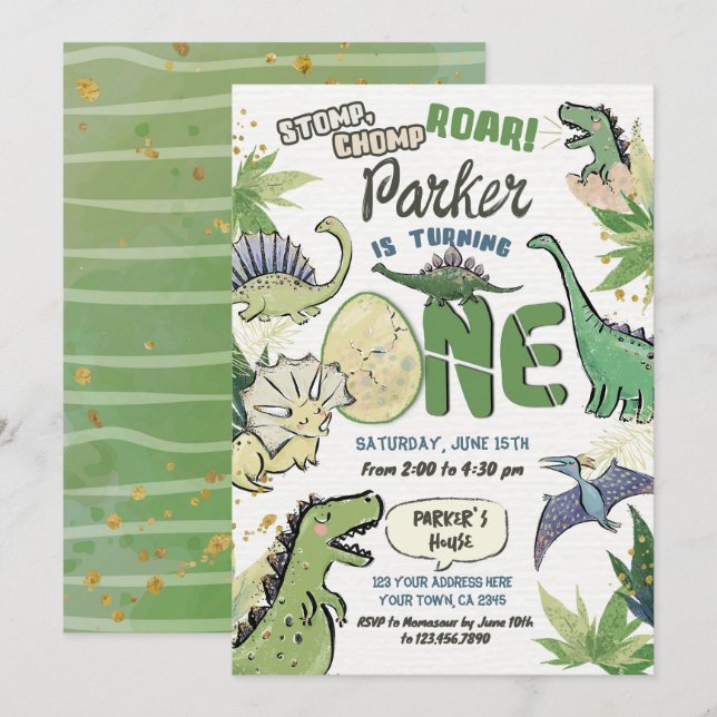 Dinosaur Themed Party 1st Birthday Invitation (Front/Back)