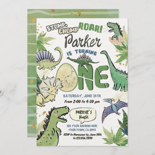 Dinosaur Themed Party 1st Birthday Invitation