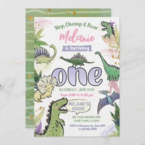 Dinosaur Themed Party 1st Birthday Invitation