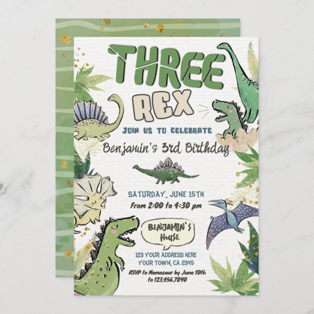 Dinosaur Themed Party 3rd Birthday, Three Rex Invitation (Front/Back)