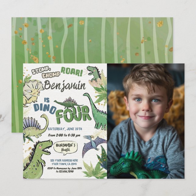 Dinosaur Themed Party 4th Birthday, Dino Four Invitation (Front/Back)