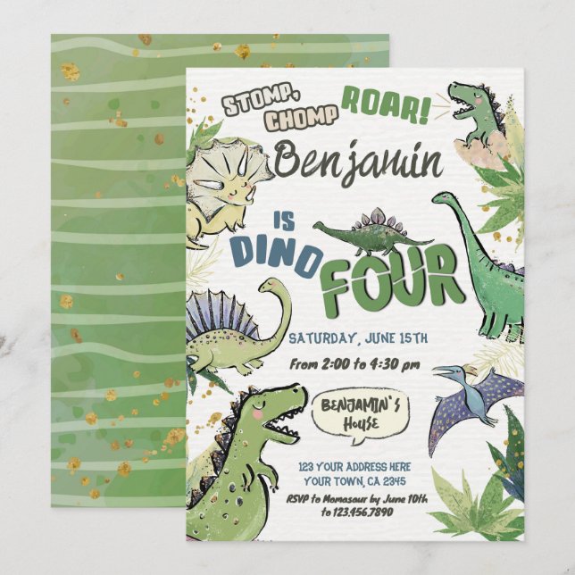 Dinosaur Themed Party 4th Birthday, Dino Four Invitation (Front/Back)