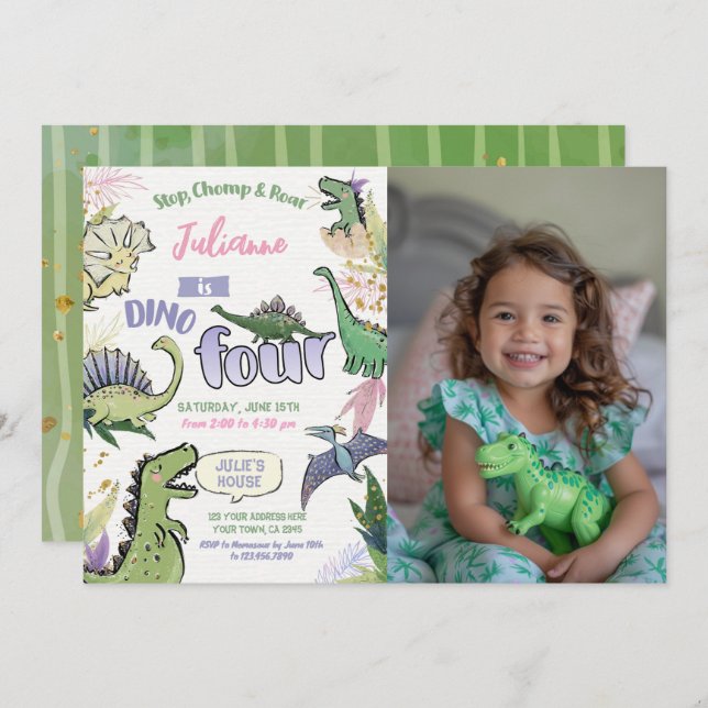 Dinosaur Themed Party Dino Four 4th Birthday Invitation (Front/Back)