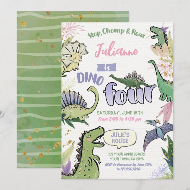 Dinosaur Themed Party Dino Four 4th Birthday Invitation (Front/Back)