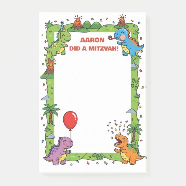 Dinosaur Themed Personalized Mitzvah Post-it Notes (Front)