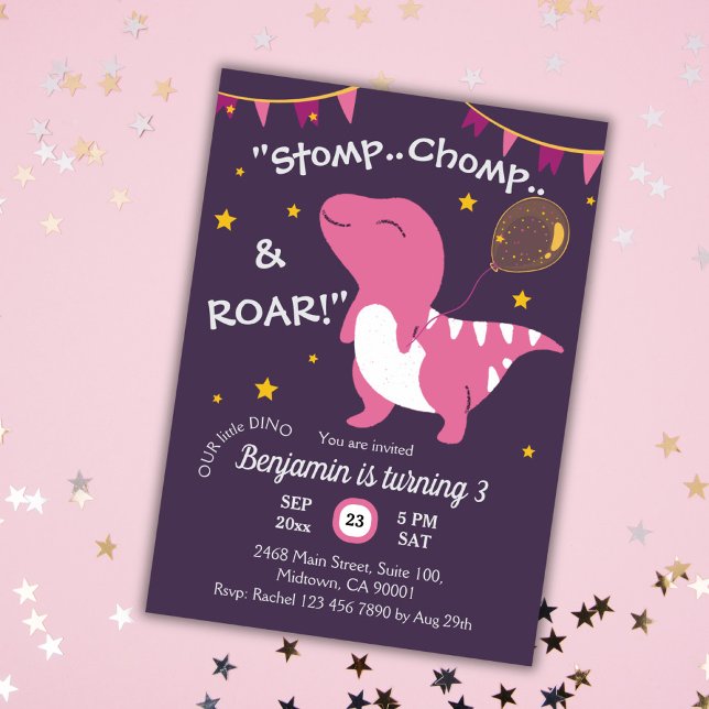 Dinosaur themed Stomp, Chomp & Roar! 3rd birthday Invitation (Creator Uploaded)